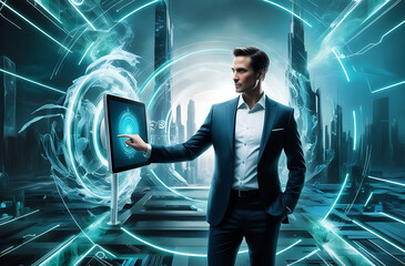 Business man, technology, graphic on glowing background.
