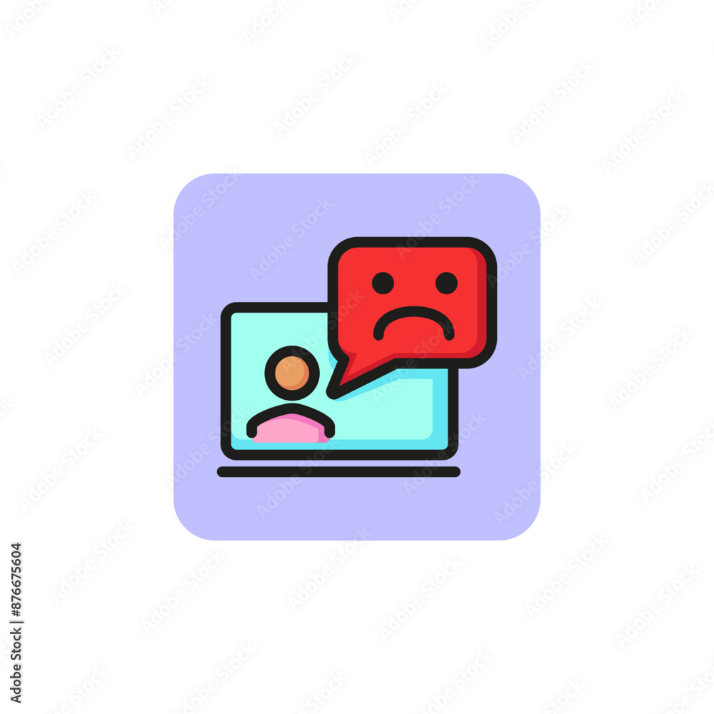 Poster laptop user with negative message line icon. comment, video chat, error message. feedback concept. v
