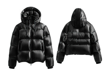 Stylish black puffer jacket with a hood, displayed from the front and back views, isolated on a white background. Perfect for winter fashion, outerwear, and cold weather apparel.