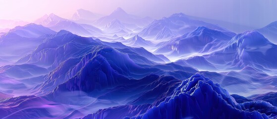 Fototapeta premium Abstract mountain range composed of indigo cubes, dynamic light, surreal landscape
