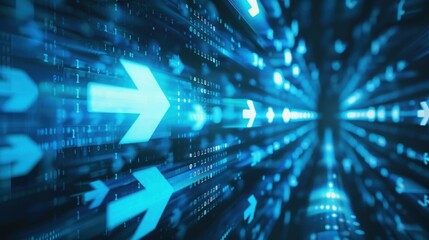 Abstract scene with blue digital arrows, dynamic forward motion, futuristic technology theme