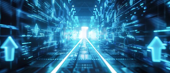 Futuristic setting with blue digital arrows, glowing and moving forward, symbolizing technological progress