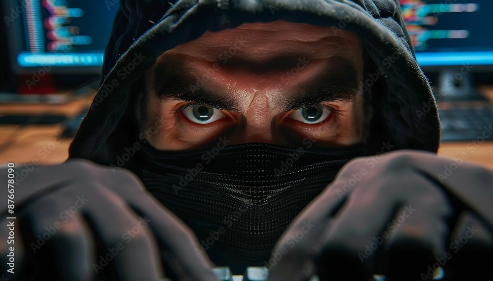 Poster hacker in front of his computer committing digital cybercrime