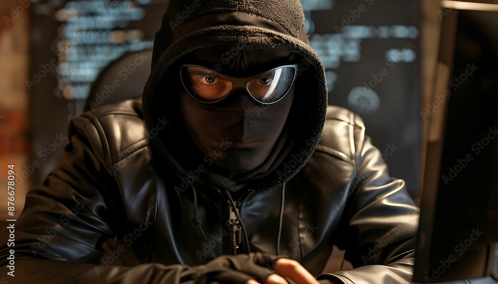 Poster hacker in front of his computer committing digital cybercrime