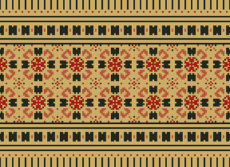 Cross Stitch Pixel Pattern. Ethnic Abstract Art. Seamless Pattern in Tribal, Folk Embroidery, Style. Aztec Geometric Ornament Print.