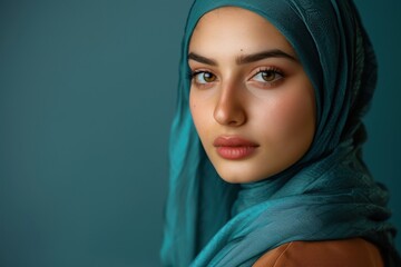 Naklejka premium Close-Up Portrait of a Woman in a Teal Hijab