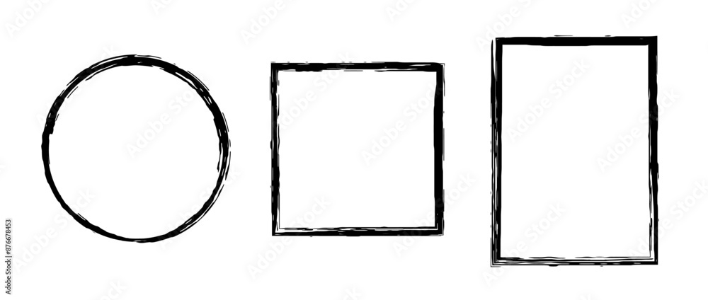 Poster Grunge circle, square and rectangle frame set. Round and rectangular paint brush border collection. Black chalk or ink uneven stroke elements for design, banner, poster, flyer, brochure, cover. Vector