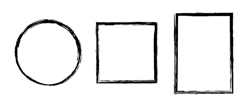 Grunge circle, square and rectangle frame set. Round and rectangular paint brush border collection. Black chalk or ink uneven stroke elements for design, banner, poster, flyer, brochure, cover. Vector