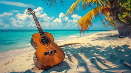 a guitar on a tropical beach sand