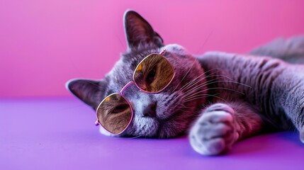 A gray cat in glasses lies on purple background