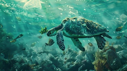 Fototapeta premium Sea Turtle in Plastic Pollution