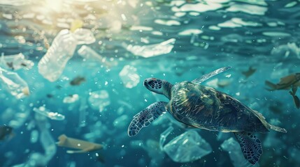 Obraz premium Sea Turtle Swimming Through Plastic Pollution