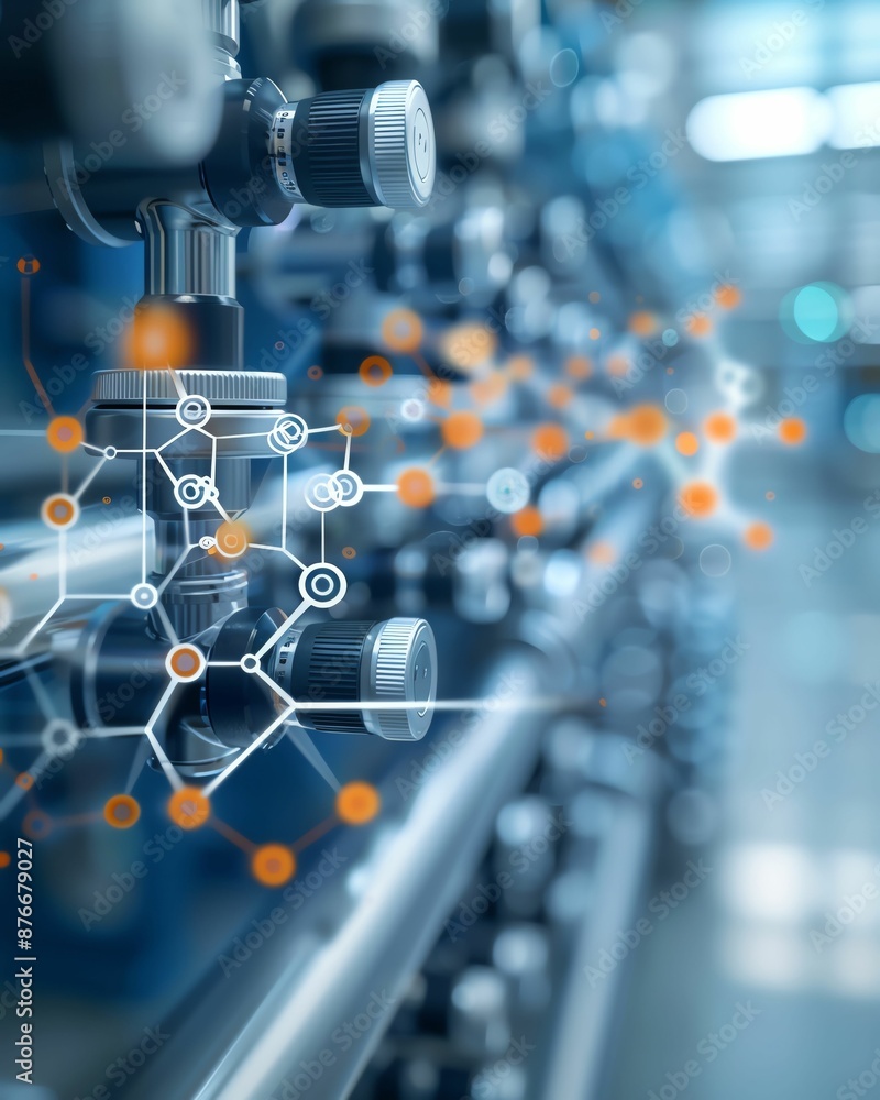 Poster close-up of industrial machinery with digital network overlay, representing automation and connectiv
