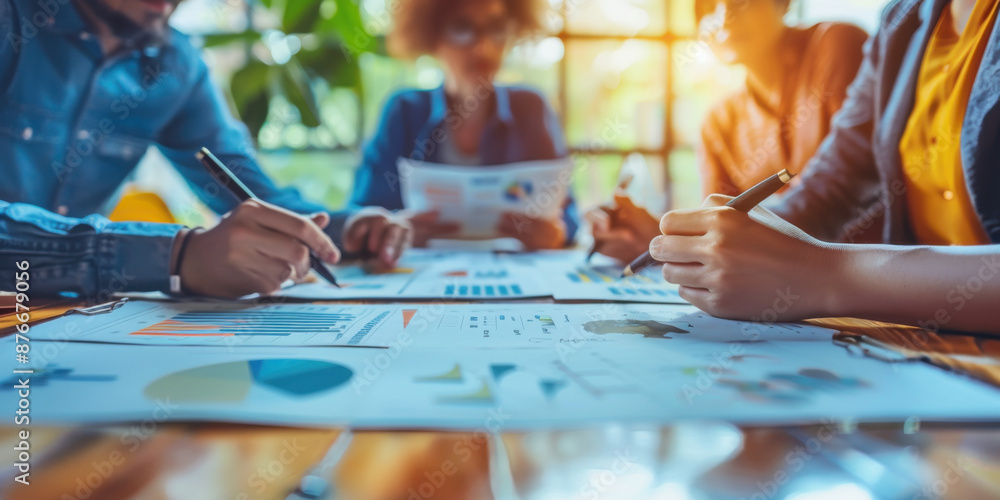 Poster a business team collaborates on a project, reviewing charts and graphs in a brightly lit office, sym
