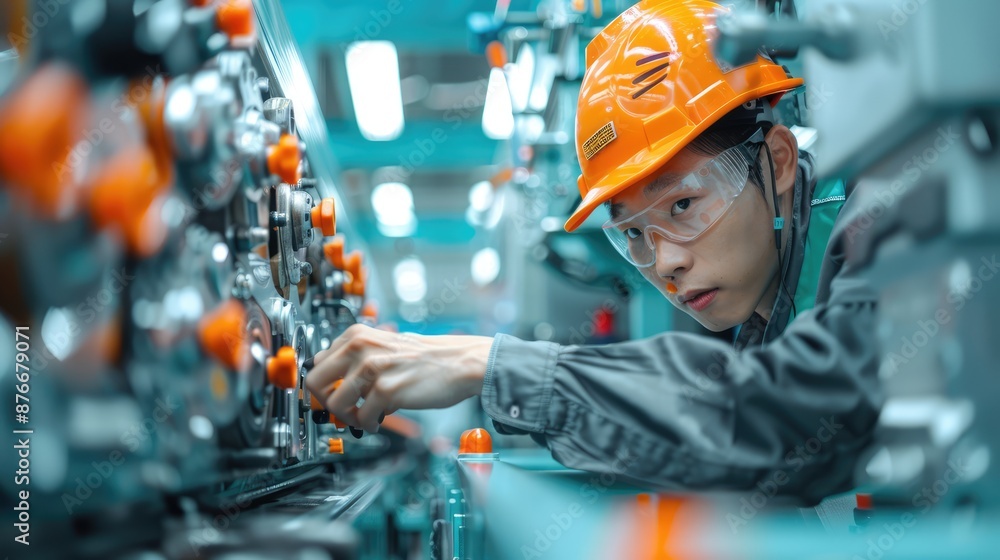 Poster Experienced Engineer Supervising Machinery in Manufacturing Factory with Copy Space., Generative Ai