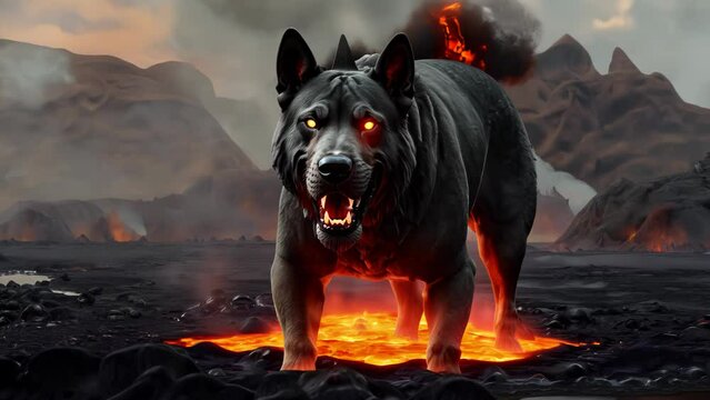 Massive wolf-like creature emerges from volcanic terrain. Glowing red eyes pierce mist, lava flows beneath paws. Otherworldly energy ripples through dark fur. 