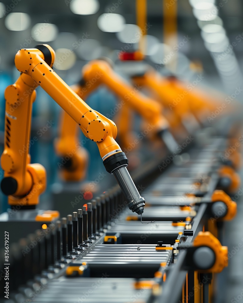 Poster a row of robotic arms work on a production line, showcasing automation in modern manufacturing.