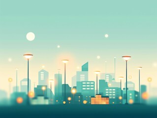 A stylized cityscape at dusk with glowing streetlights and a soft blue sky.