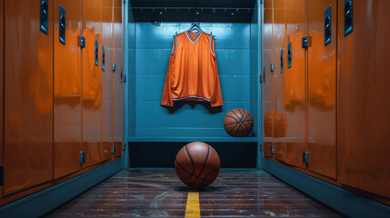 Basketball Jersey and Ball in Locker Room