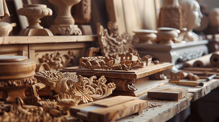 Create an image that captures the craftsmanship, creativity, and detailed work involved in wooden crafts. 