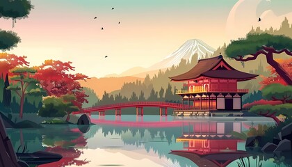 Obraz premium A traditional Japanese garden with a koi pond and a red pagoda, under a peaceful blue sky with fluffy clouds.
