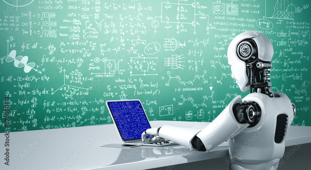 Poster mathematic equations and modish formula on computer screen showing concept of science and education