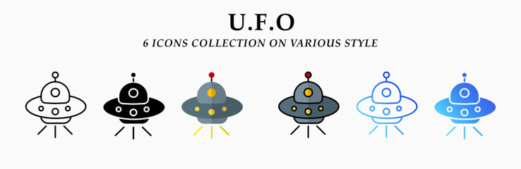 UFO icons collection. 6 Various styles. Lineal, solid Black, flat, lineal color and gradient. For sign, symbol, presentation, infographic or web graphics. Vector Illustration.
