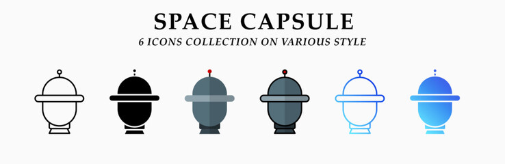 Space capsule icons collection. 6 Various styles. Lineal, solid Black, flat, lineal color and gradient. For sign, symbol, presentation, infographic or web graphics. Vector Illustration.