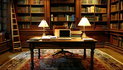 Library desk with books and laptop representing education technology and e learning