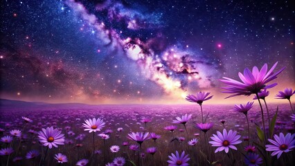 Purple field of flowers under a starry sky, purple, field, flowers, stars, sky, nature, outdoor, scenic, landscape, evening