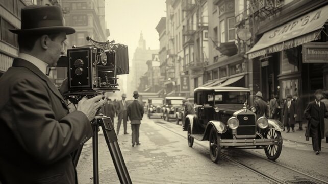 Vintage street scene with a photographer using a large format camera capturing early 20th century city life