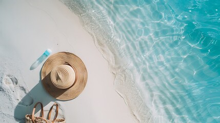 Beach bag straw hat sunscreen and a frisbee on the white sandy tropical beach