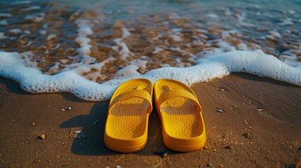 Beach yellow slippers on sand near the sea