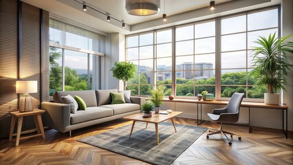 Stylish modern room area with large window, perfect for natural lighting, modern, stylish, room, interior design