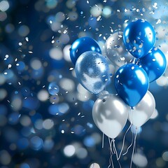 Group of white, silver and blue balloons with confetti in the background
