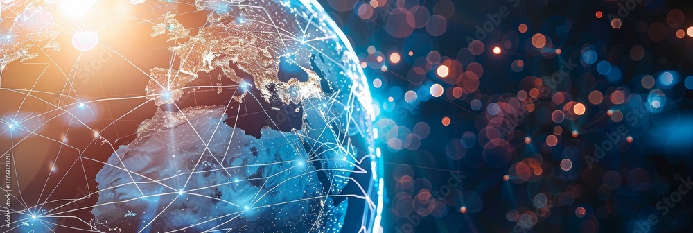Poster double exposure of a globe and digital network, representing global connectivity and the internet of