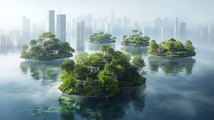 Futuristic cityscape with floating islands and lush greenery. Concept of urban development, innovation, and sustainable living.