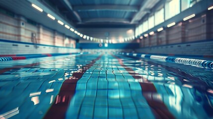 Empty indoor swimming pool with clear blue water and lane dividers. Concept of fitness, training, and aquatic sports.