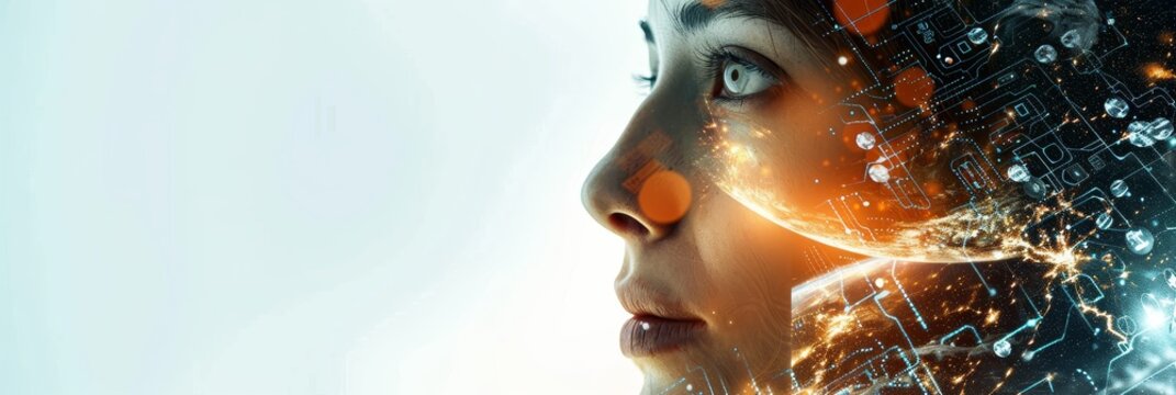 Human face combined with space technology elements in double exposure, illustrating the intersection of human ambition and space exploration - Powered by Adobe