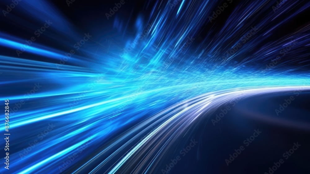 Poster blue laser beam effect dash with high-speed shine and emit colorful light on dark black background c