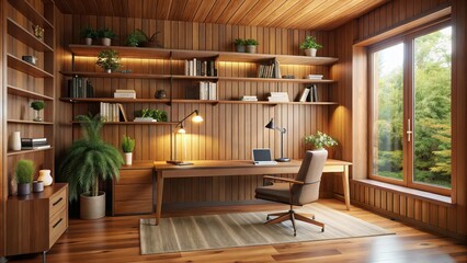 Cozy study room with wooden walls and furniture, wood, room, study, cozy, interior, wooden, design, home, decor, desk
