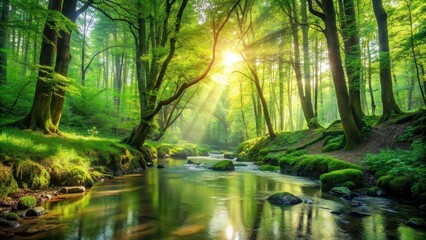 Fototapeta premium A serene background of a lush green forest with sunlight filtering through the leaves and a small stream flowing peacefully