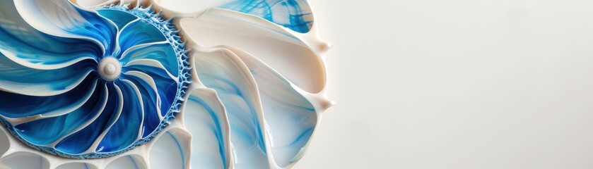 Obraz premium Abstract close-up of a blue and white nautilus shell on a light background, showcasing natural beauty and intricate designs.