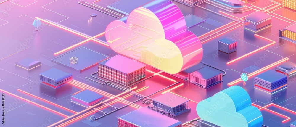 Poster abstract digital cloud computing concept with neon colors, showcasing data transfer and futuristic t