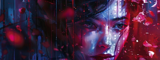 Captivating Surreal Digital Artwork with Vibrant Neon Lights and Glitch Effects