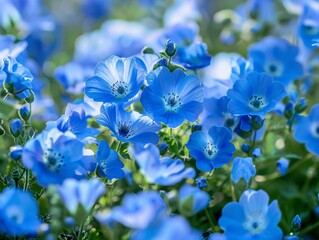 Close-up shot of vibrant blue Nemophila flowers blooming densely together, emphasizing their exquisite beauty and natural habitat in a springtime setting