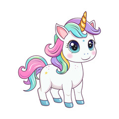 A cute unicorn. A hand-drawn pony with a golden horn isolated on a white background.