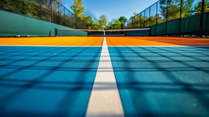 Obraz premium Close-up view of a vibrant tennis court under a clear sky. Concept of sports, recreation, and outdoor activities.
