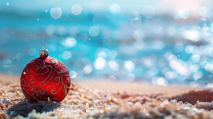 Christmas decorations bauble ball on sandy beach with sea background