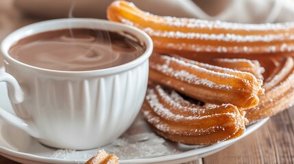 Churros with a cup of hot chocolate closeup